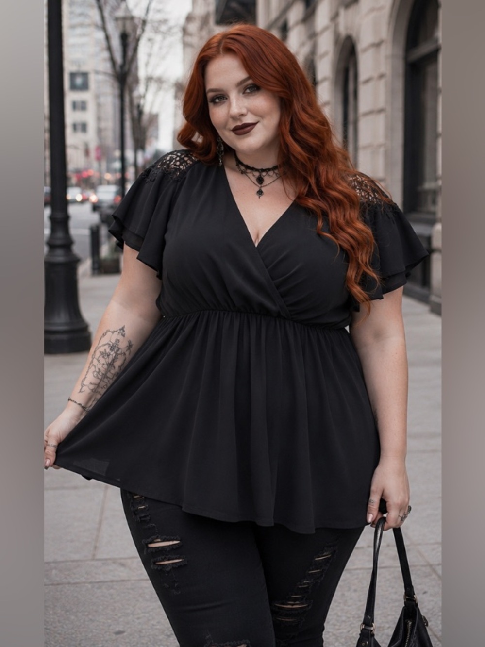 torrid Black Faux-Wrap Tunic with Lace Shoulders - Picture 1 of 7